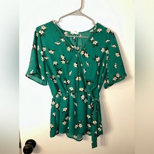 Green Floral V Neck Blouse